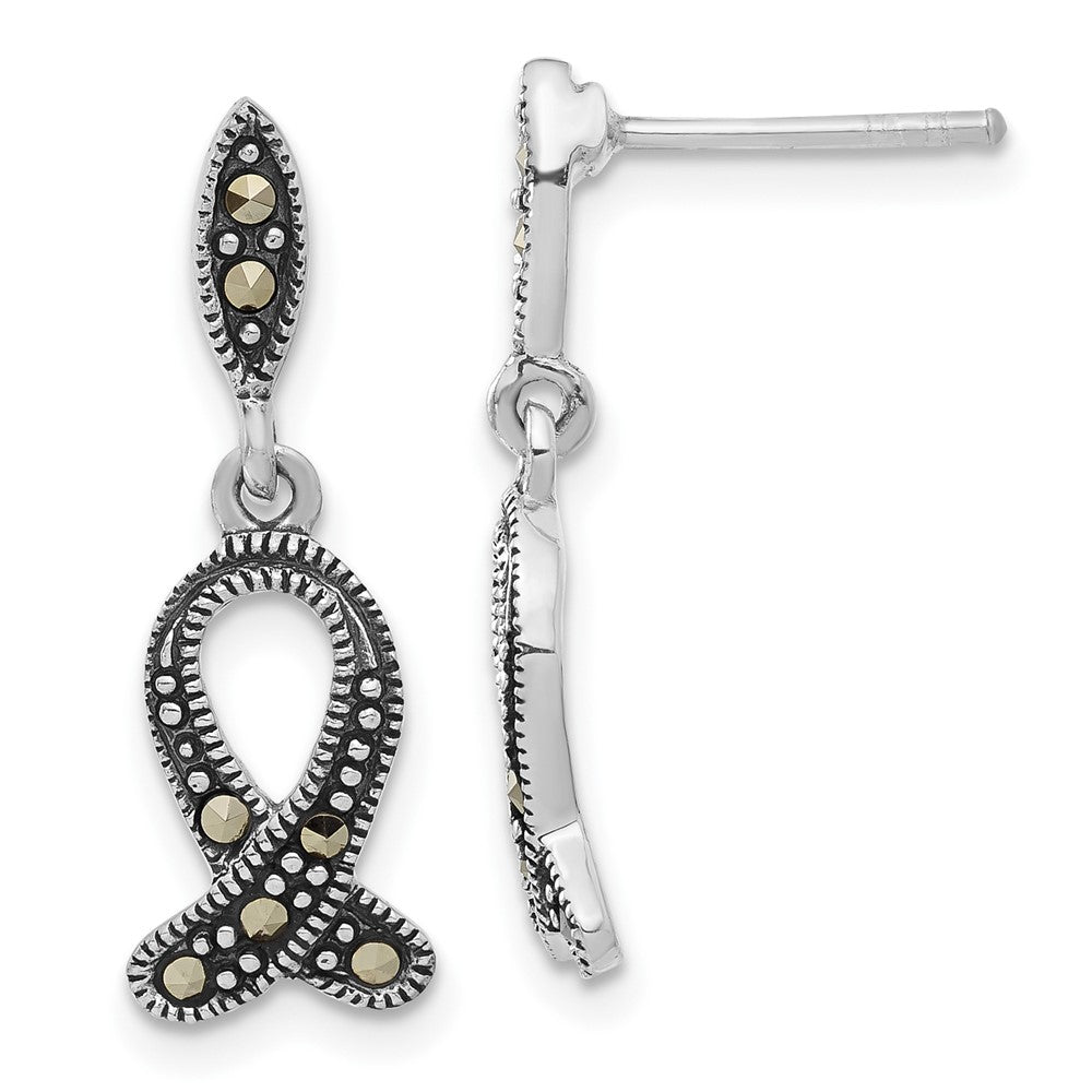 Sterling Silver Antiqued Marcasite Awareness Ribbon Dangle Earrings, 24.4 x 8.15 mm