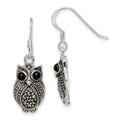 Sterling Silver Antiqued Marcasite/Blk Agate Owl Shepherd Hook Earrings, 32 x 11 mm