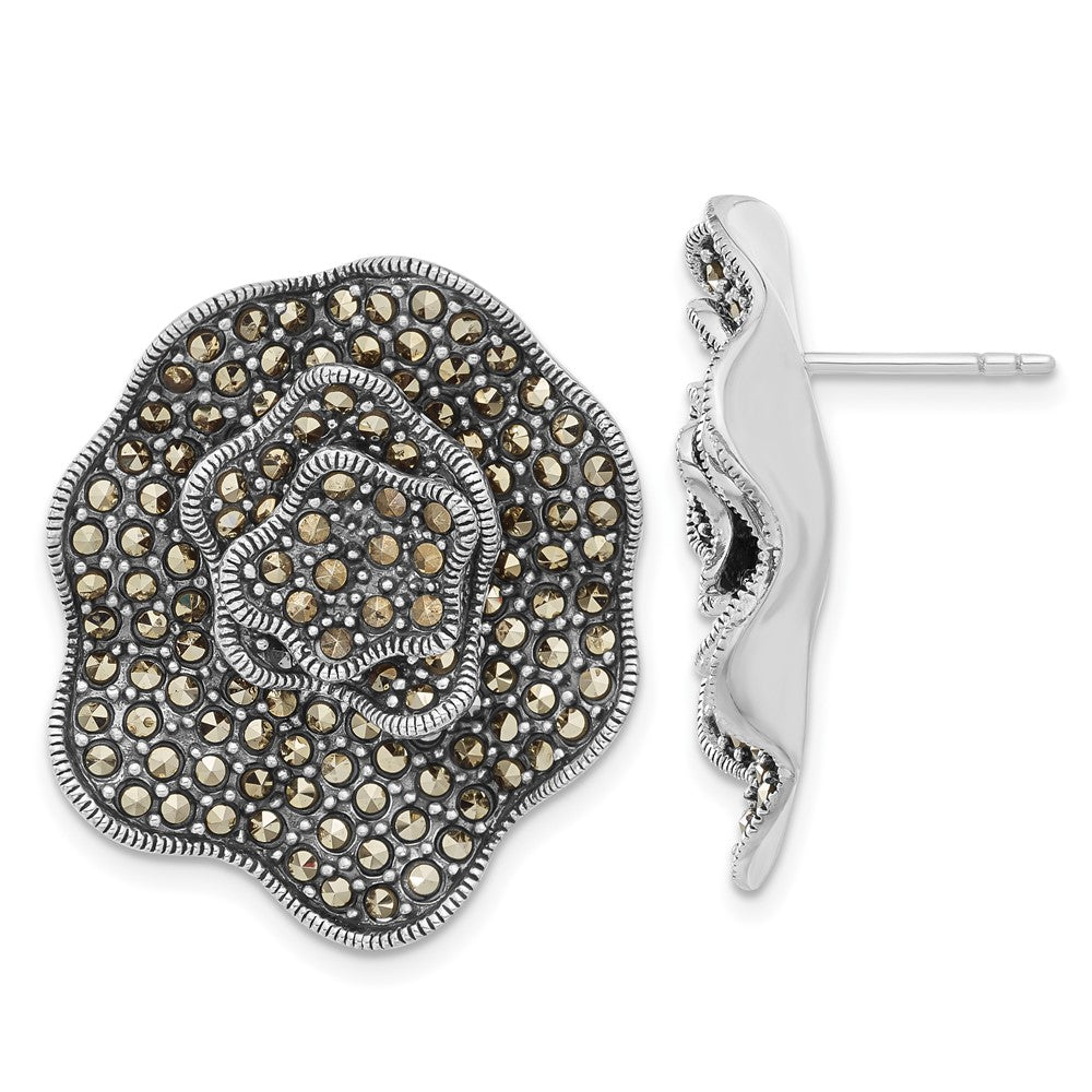 Sterling Silver Marcasite Flower Post Earrings, 28.75 x 24.5 mm