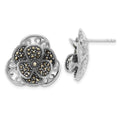 Sterling Silver Polished & Antiqued Marcasite Flower Post Earrings, 18.8 x 20.25 mm