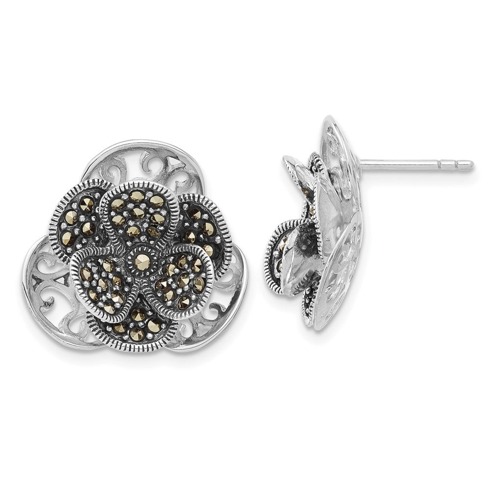 Sterling Silver Polished & Antiqued Marcasite Flower Post Earrings, 18.8 x 20.25 mm