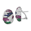 Sterling Silver w/ Black Rhodium Blue & Green Glass, Synthetic Ruby & CZ Omega Back Earrings, 22.4 x 16.9 mm