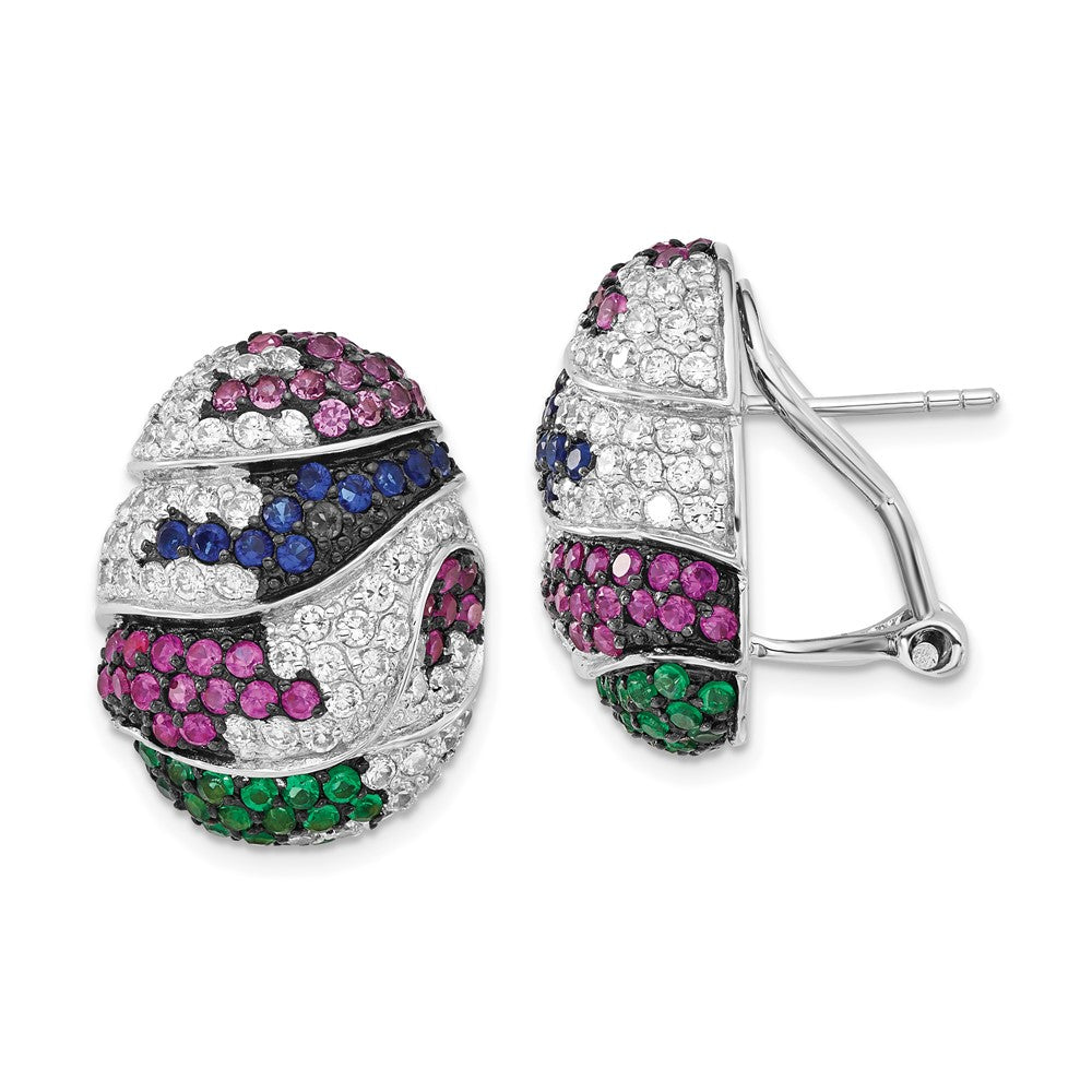 Sterling Silver w/ Black Rhodium Blue & Green Glass, Synthetic Ruby & CZ Omega Back Earrings, 22.4 x 16.9 mm