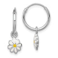 Sterling Silver Rhodium-plated Polished Yellow & White Enamel Daisy Dangle Children's Round Hoop Earrings, 21 x 12 mm