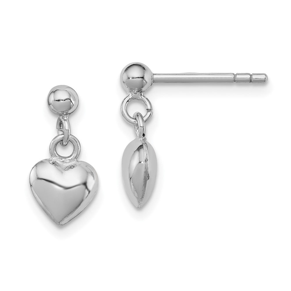 Sterling Silver RH-plated Polished Heart Children's Post Dangle Earrings, 14 x 7 mm