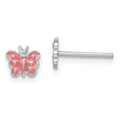Sterling Silver Rhodium-plated Polished Pink Enameled Butterfly Children's Post Earrings, 6 x 7 mm