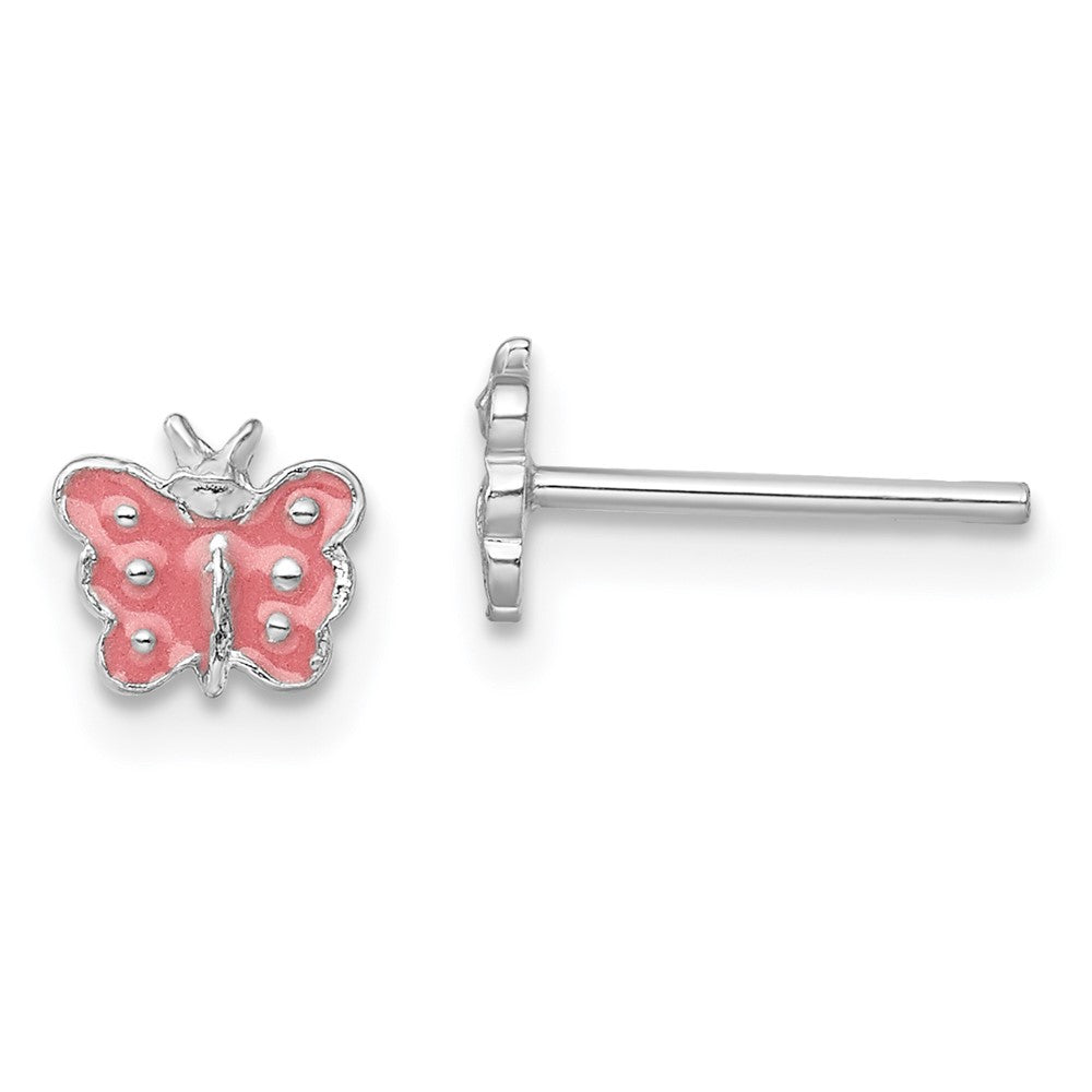 Sterling Silver Rhodium-plated Polished Pink Enameled Butterfly Children's Post Earrings, 6 x 7 mm