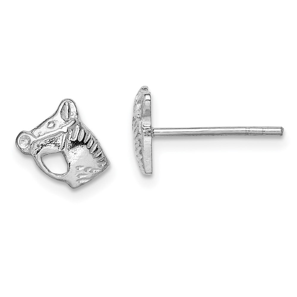 Sterling Silver Rhodium-plated Polished & Textured Horse Head Children's Post Earrings, 8 x 9 mm