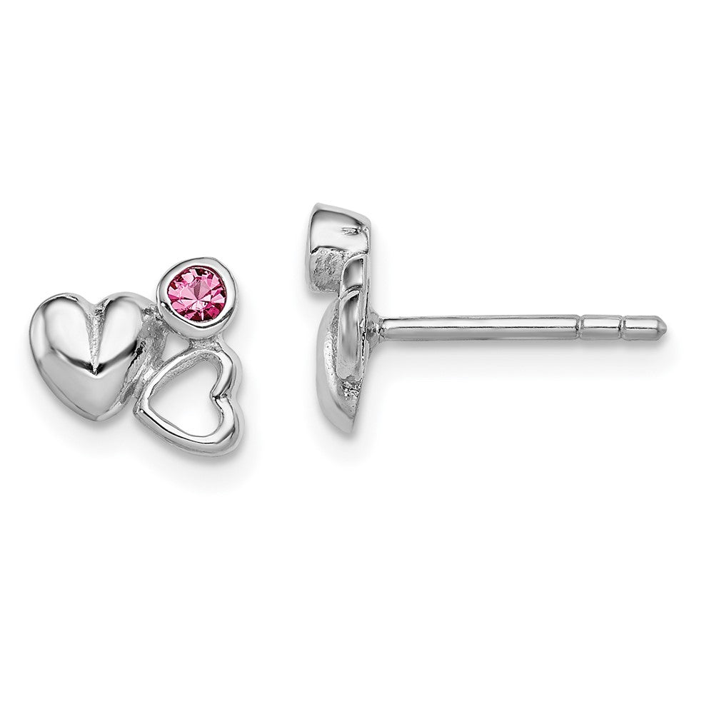 Sterling Silver Rhodium-plated Polished Pink Preciosa Crystal Double Heart Children's Post Earrings, 8 x 9 mm