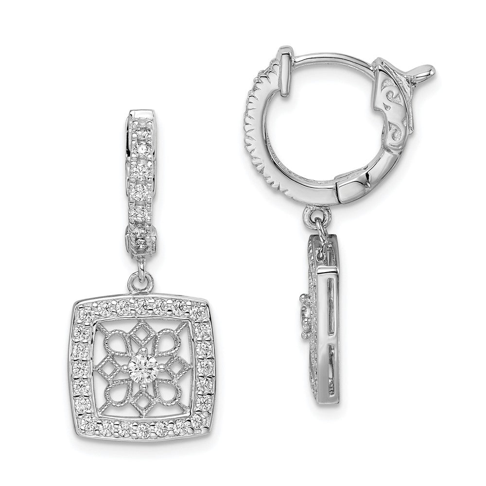 Sterling Shimmer Sterling Silver Rhodium-plated 64 Stone CZ Square Dangle Hinged Hoop Earrings, 27 x 12 mm