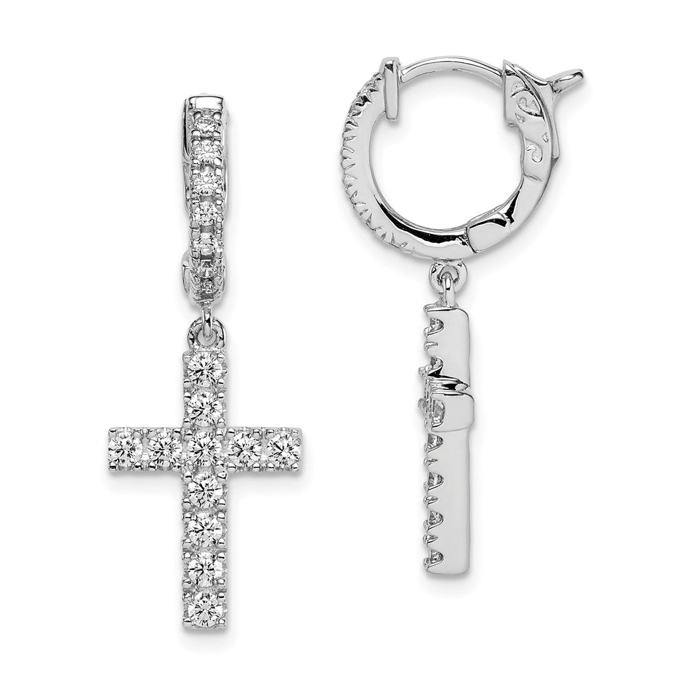 Sterling Shimmer Sterling Silver Rhodium-plated 36 Stone CZ Cross Dangle Hinged Hoop Earrings, 31 x 11 mm