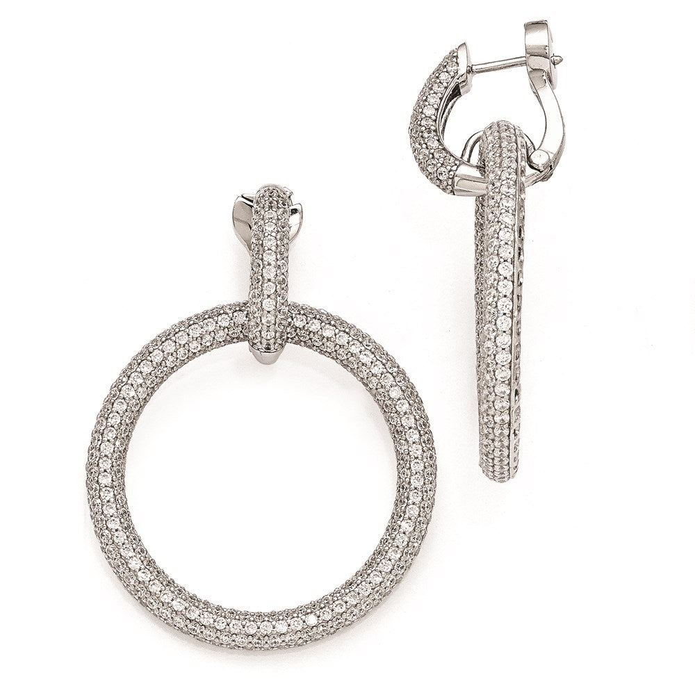 Sterling Silver Rhodium Plated CZ Hinged Hoop Dangle Earrings, 45 x 34 mm
