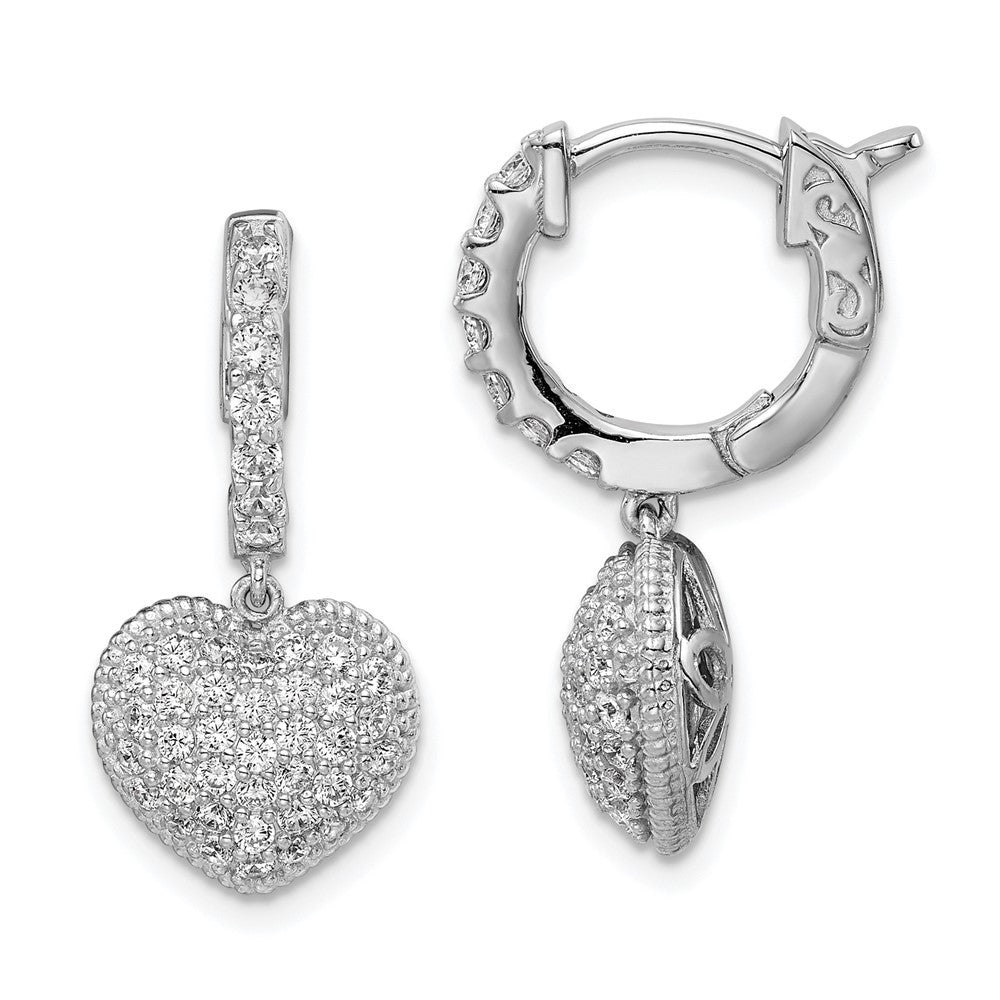 Sterling Shimmer Sterling Silver Rhodium-plated 86 Stone CZ Pav‚ Heart Dangle Hinged Hoop Earrings, 23 x 11 mm