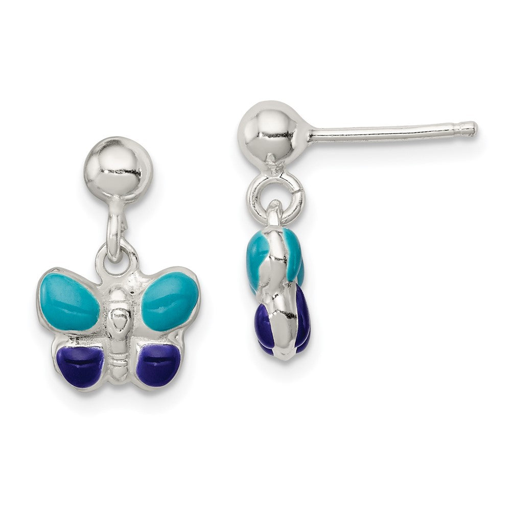 Sterling Silver Polished Blue & Purple Enameled Butterfly Children's Post Dangle Earrings, 16 x 10 mm