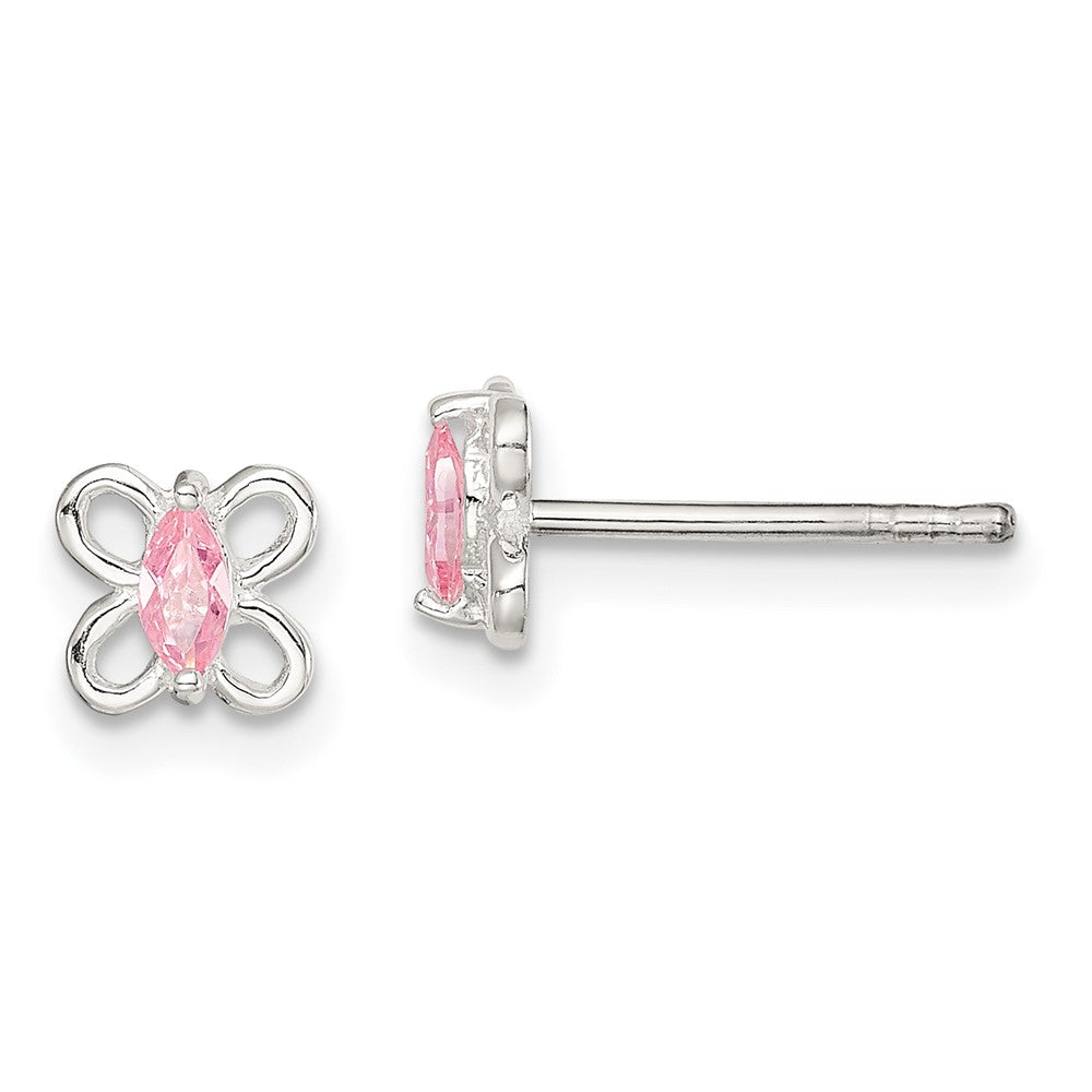 Sterling Silver Polished Pink CZ Butterfly Children's Post Earrings, 6 x 6 mm