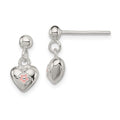 Sterling Silver Polished Pink Enamel Flower Heart Children's Post Dangle Earrings, 12 x 7 mm