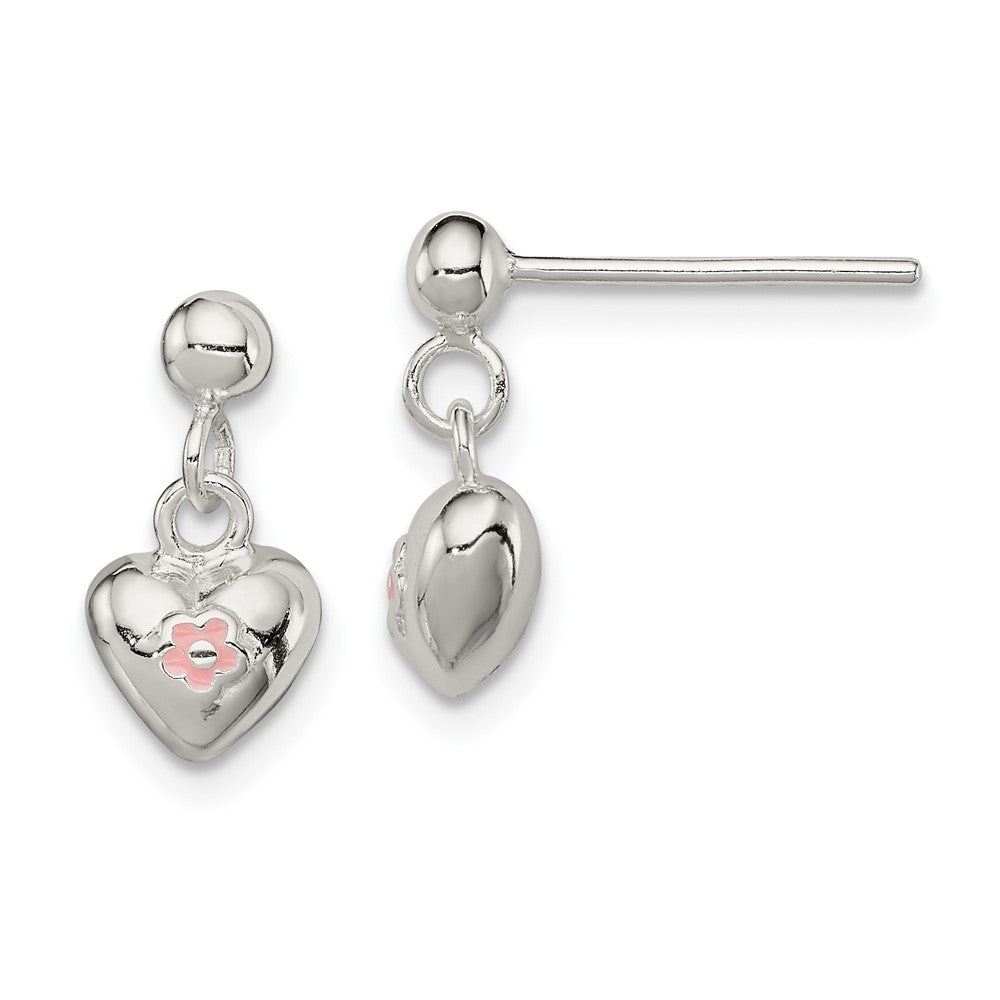 Sterling Silver Polished Pink Enamel Flower Heart Children's Post Dangle Earrings, 12 x 7 mm