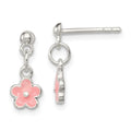 Sterling Silver Polished Pink Enameled Flower Children's Post Dangle Earrings, 13 x 6 mm