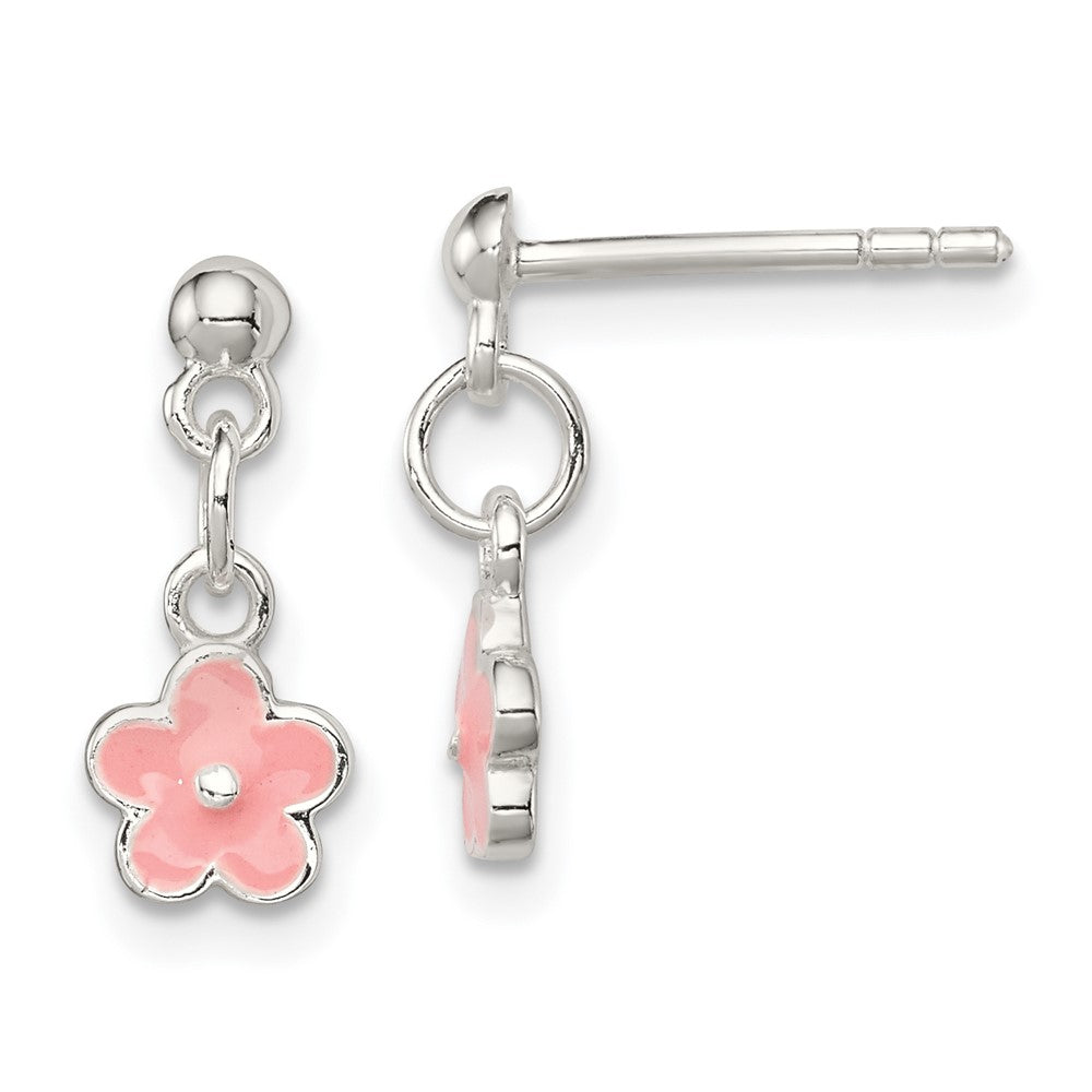 Sterling Silver Polished Pink Enameled Flower Children's Post Dangle Earrings, 13 x 6 mm