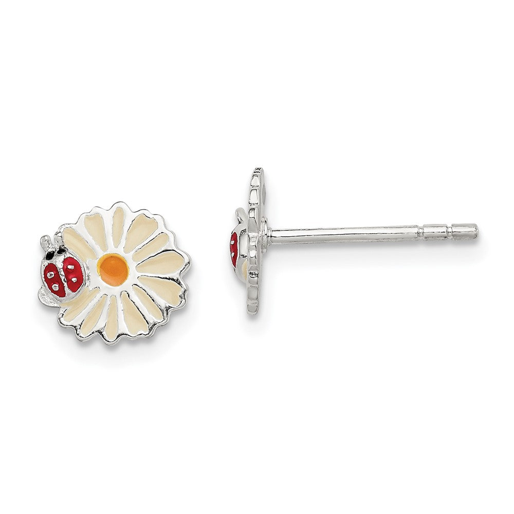Sterling Silver Polished & Multi-color Enameled Flower & Ladybug Children's Post Earrings, 8 x 8 mm