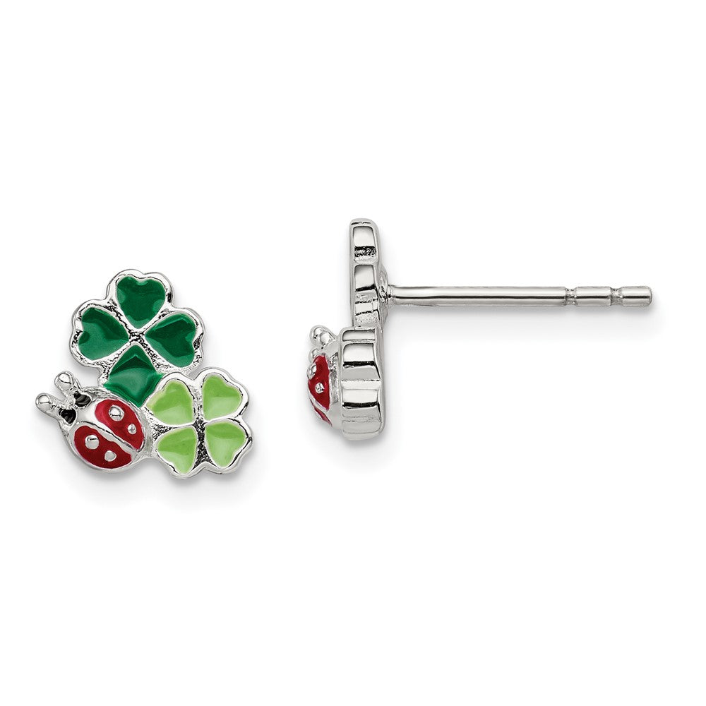 Sterling Silver Enamel Ladybug & Clovers Children's Post Earrings, 9 x 9 mm