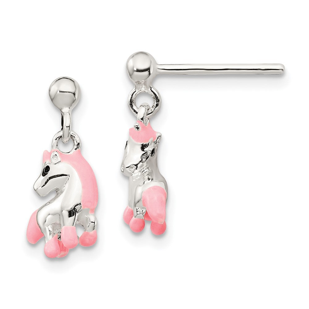 Sterling Silver Polished Pink & Black Enameled Horse Children's Post Dangle Earrings, 16 x 7 mm
