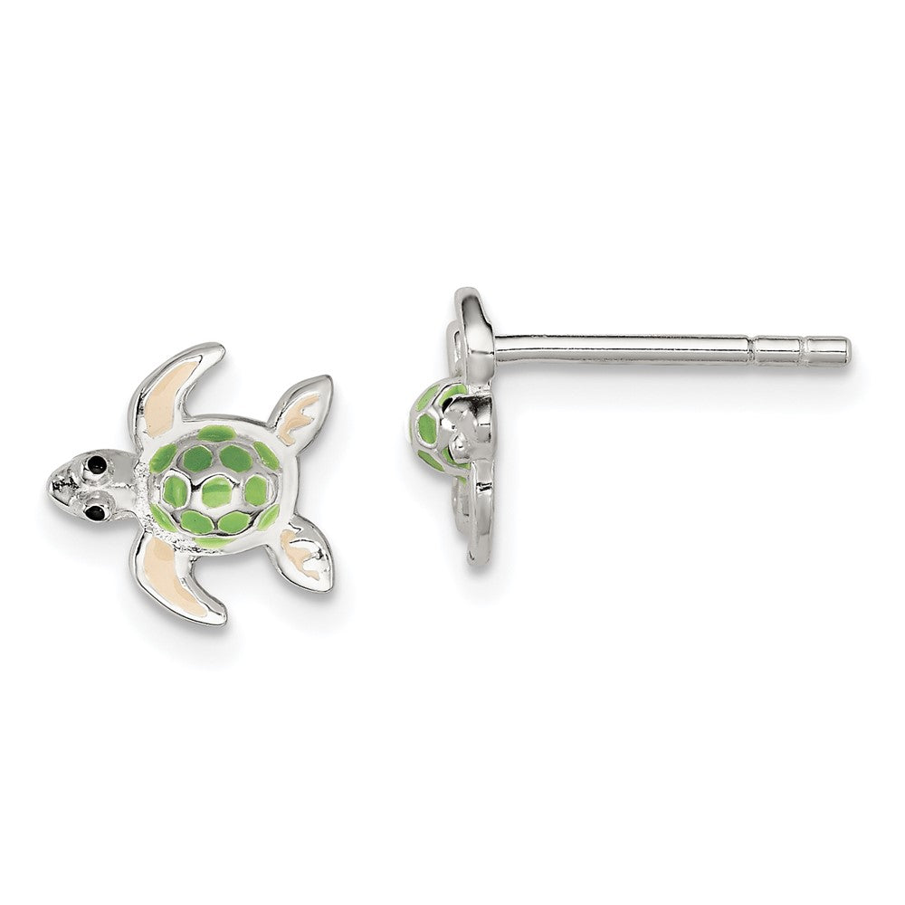 Sterling Silver Polished Multi-color Enameled Sea Turtle Children's Post Earrings, 9 x 9 mm