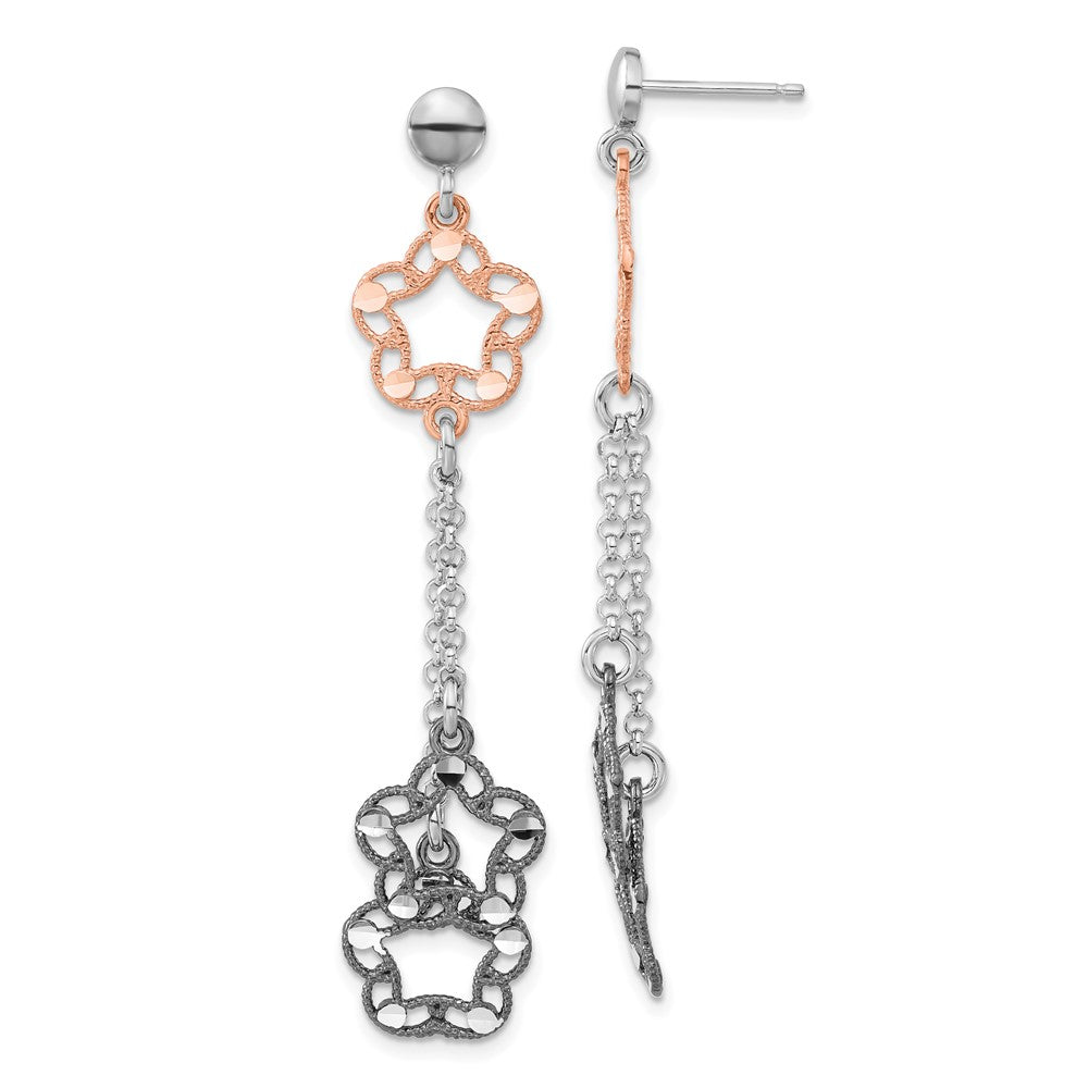 Sterling Silver Rose-tone/Ruthenium-plated D/C Flower Dangle Earrings, 61.5 x 12 mm