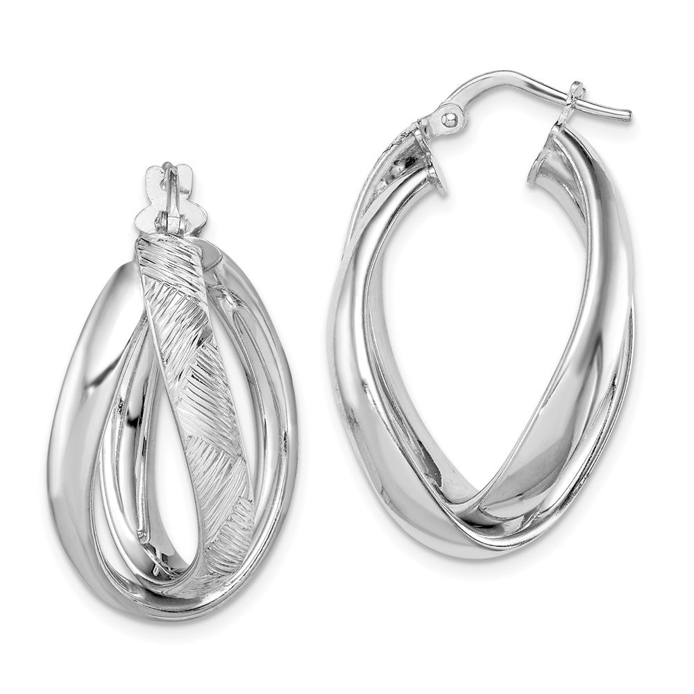 Sterling Silver Rhodium-plated Textured & Twisted Oval Hoop Earrings, 25 x 16 mm