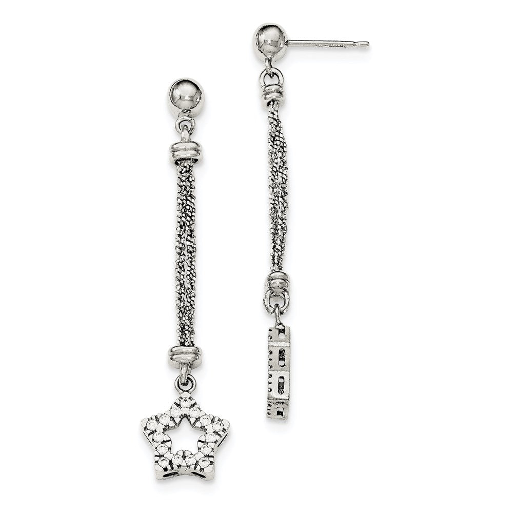 Sterling Silver CZ Star 2 Strand Diamond Cut Post Dangle Earrings, 56 x 13 mm