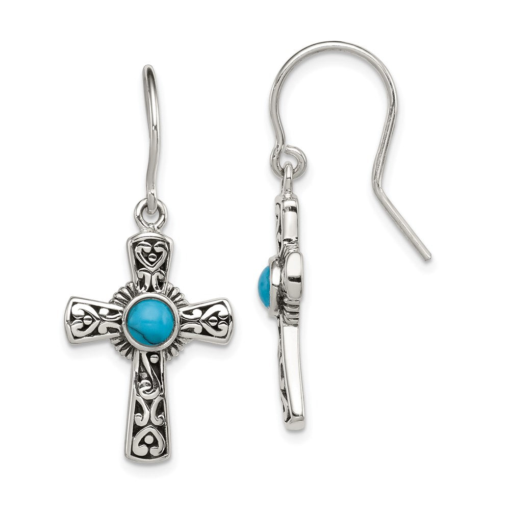 Sterling Silver Antiqued Recon Turquoise Cross Shepherd Hook Earrings, 33 x 16 mm