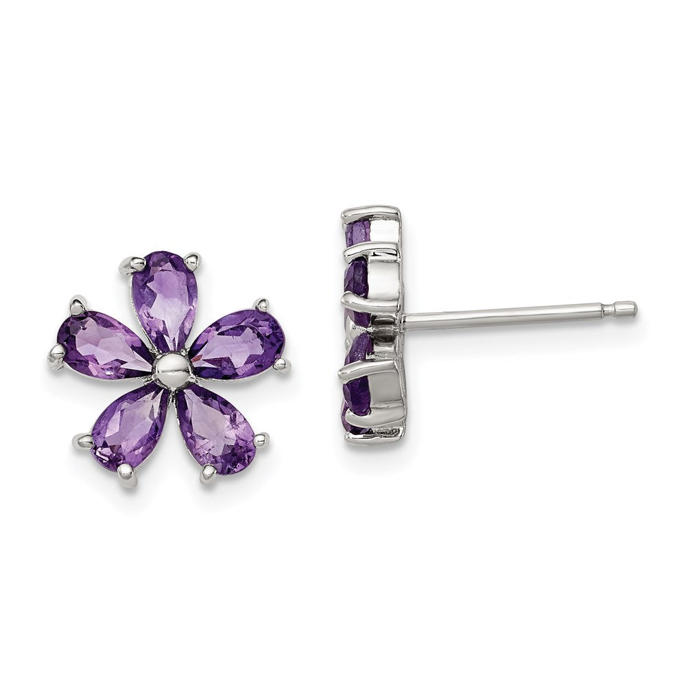 Sterling Silver Rhodium Plated Amethyst Floral Earrings, 2 ct, 11 x 11 mm