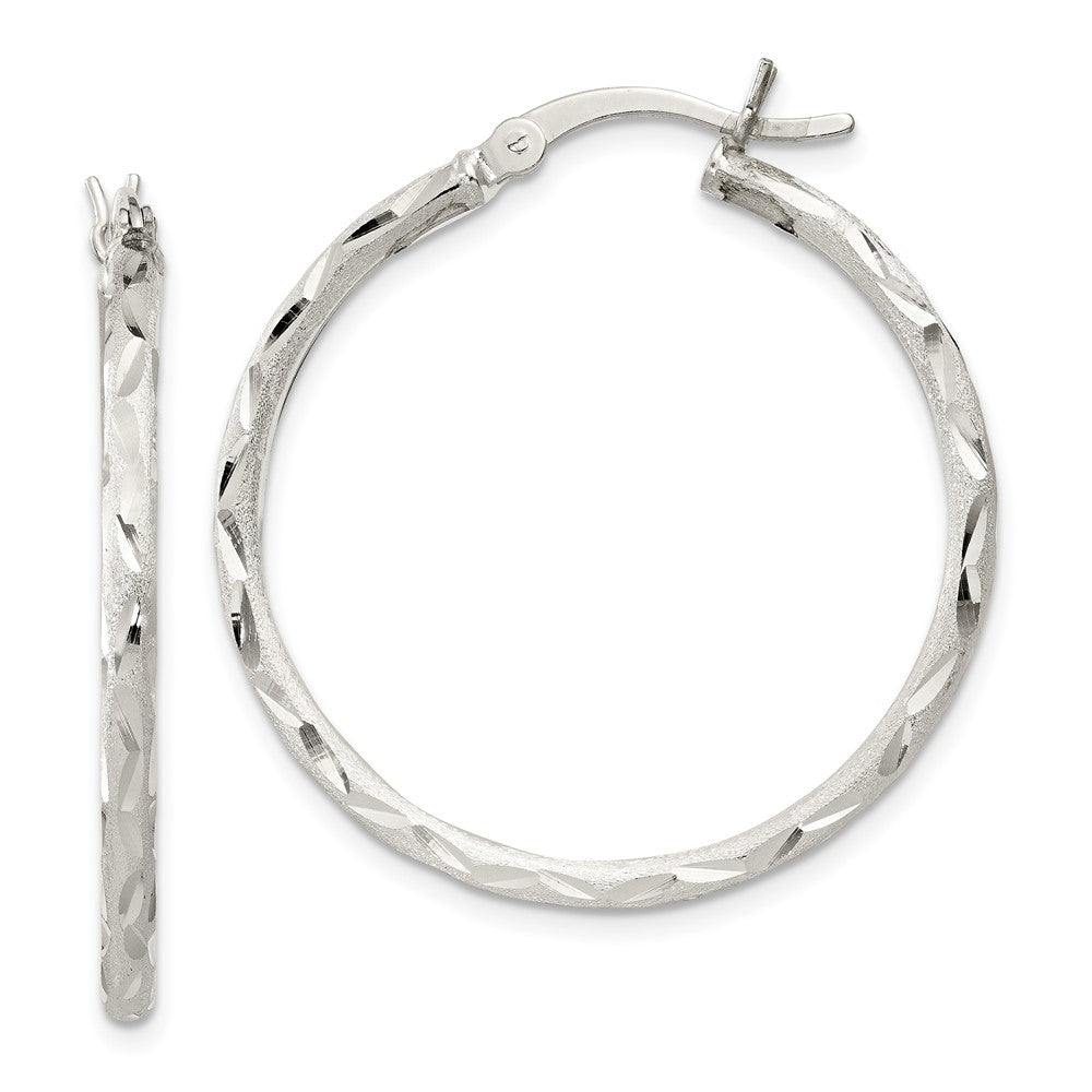 Sterling Silver Satin Diamond-cut 2x31mm Hoop Earrings, 31 x 2 mm