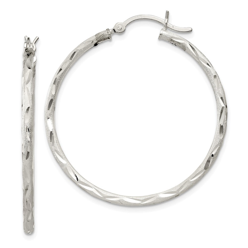 Sterling Silver Satin Diamond-cut 2x35mm Hoop Earrings, 35 x 2 mm