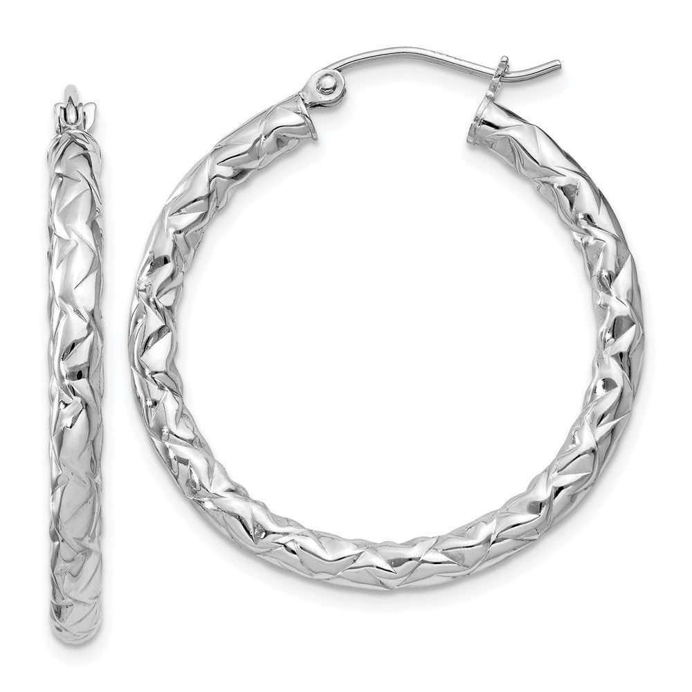 Sterling Silver Rhodium-plated Textured 3x30mm Hoop Earrings, 30 x 3 mm