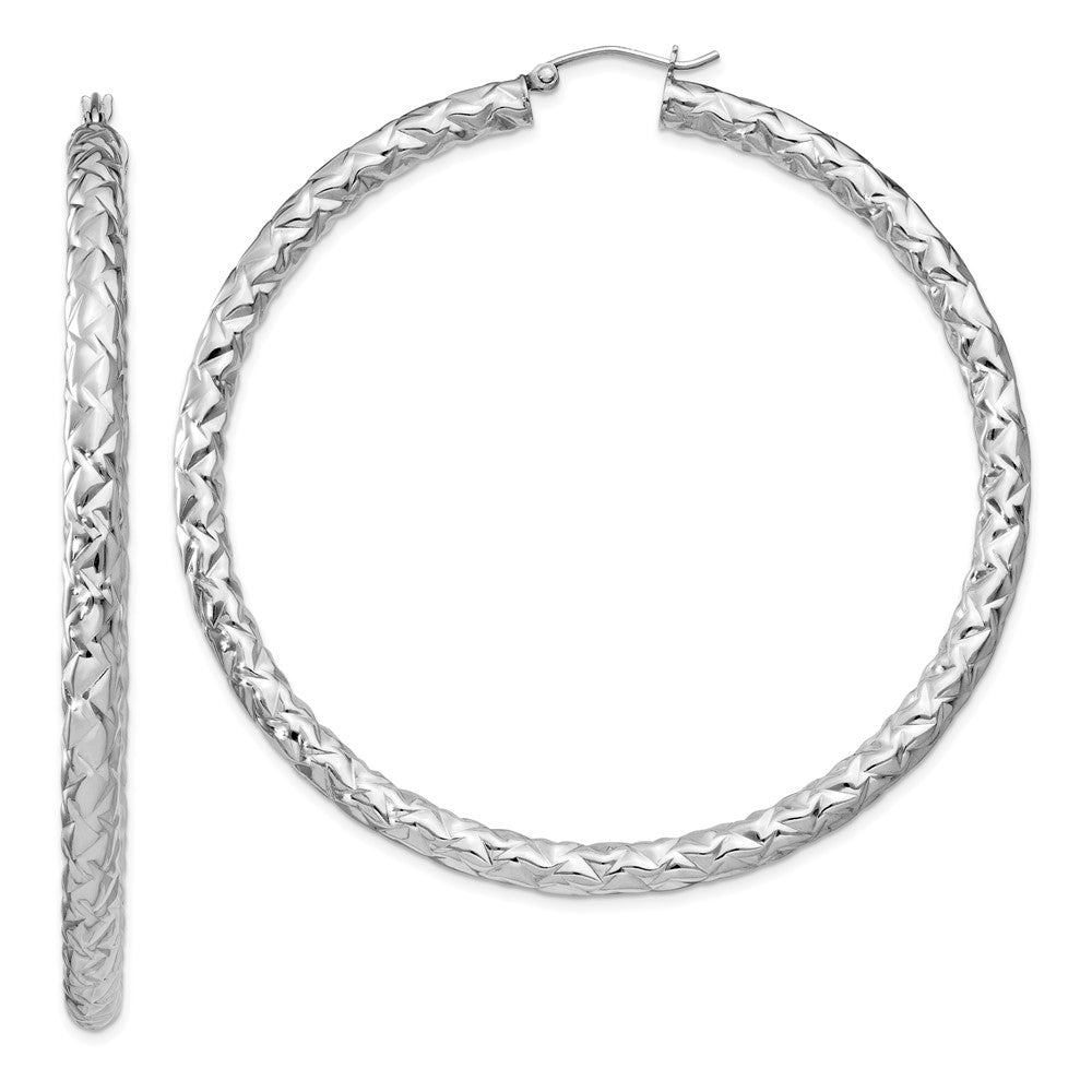 Sterling Silver Rhodium-plated Textured 4x65mm Hoop Earrings, 65 x 4 mm