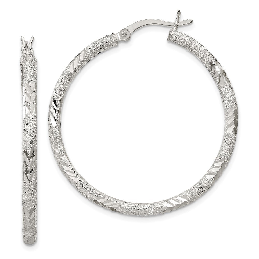 Sterling Silver 2.5mm Diamond-cut Laser-cut Hinged Hoop Earrings, 35 x 2.5 mm