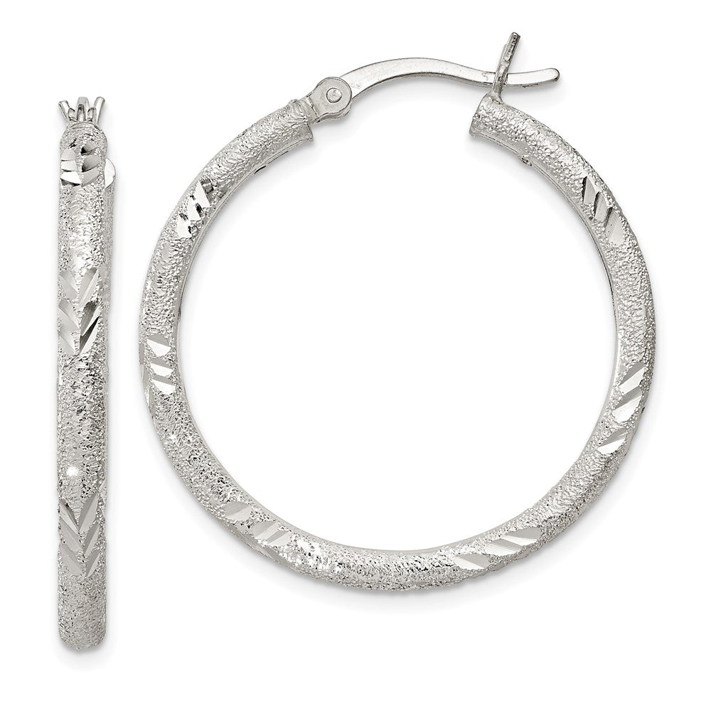 Sterling Silver 2.5mm Diamond-cut Laser-cut Hinged Hoop Earrings, 29 x 2.5 mm