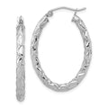 Sterling Silver RH-plated D/C Textured 3mm Oval Hoop Earrings, 33 x 3 mm