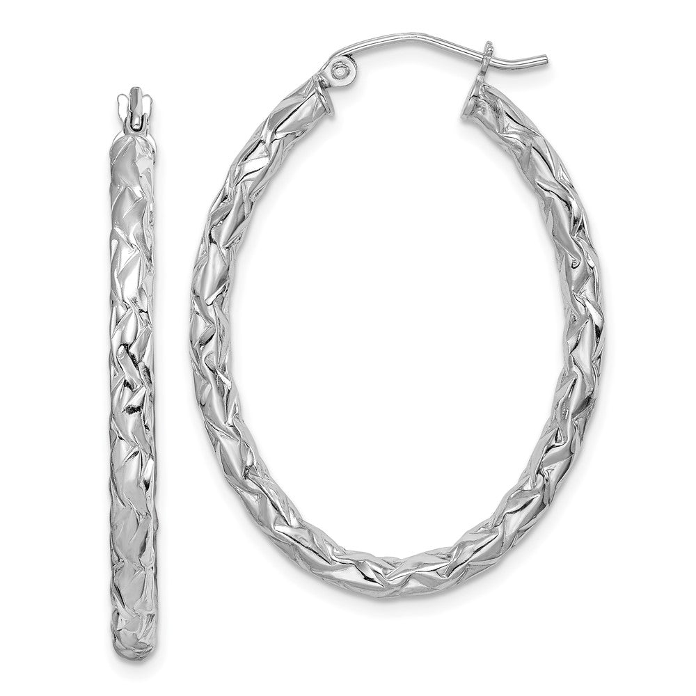 Sterling Silver RH-plated D/C Textured 3mm Oval Hoop Earrings, 37 x 3 mm