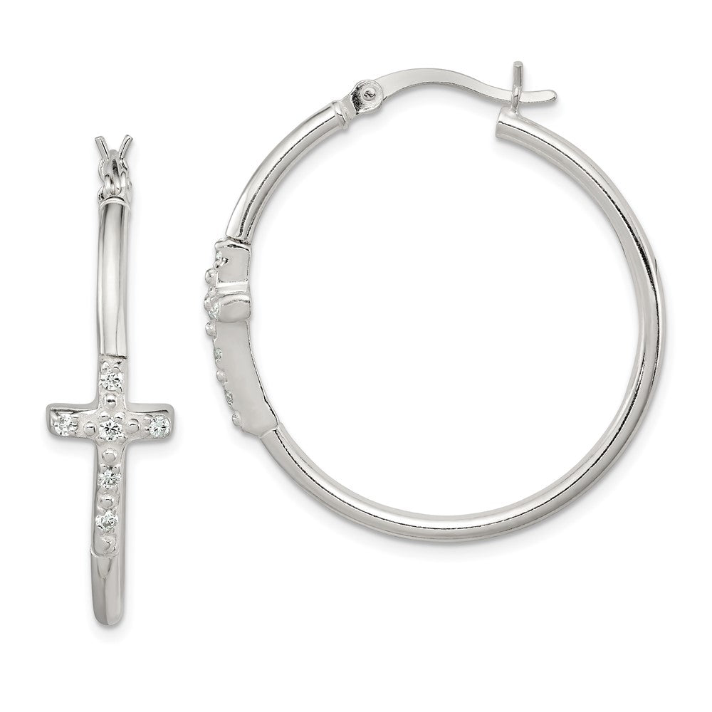 Sterling Silver Polished CZ Cross 2.5mm Round Hoop Earrings, 33 x 33 mm