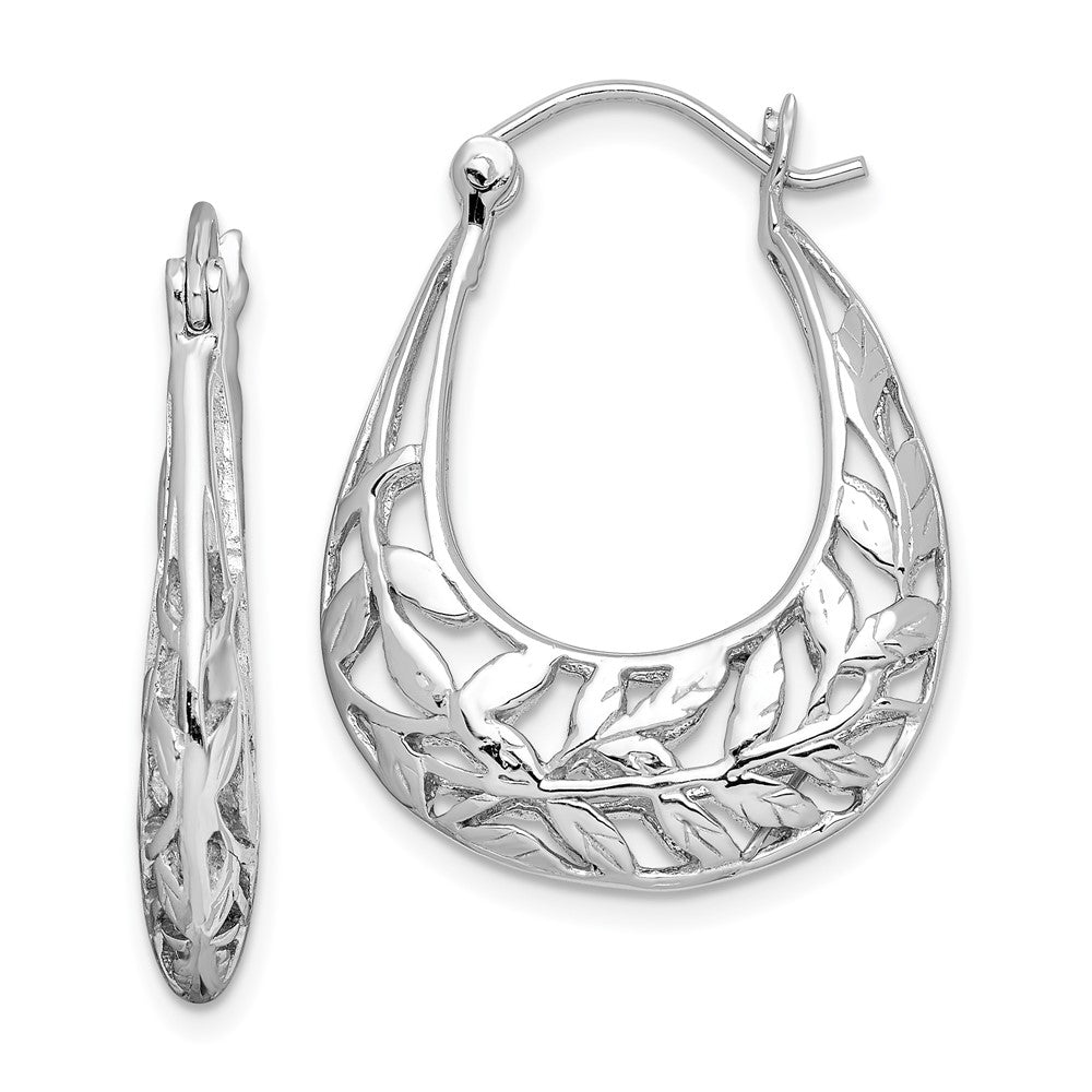 Sterling Silver Rhodium-plated Polished Leaves Oval Hoop Earrings, 28 x 22 mm