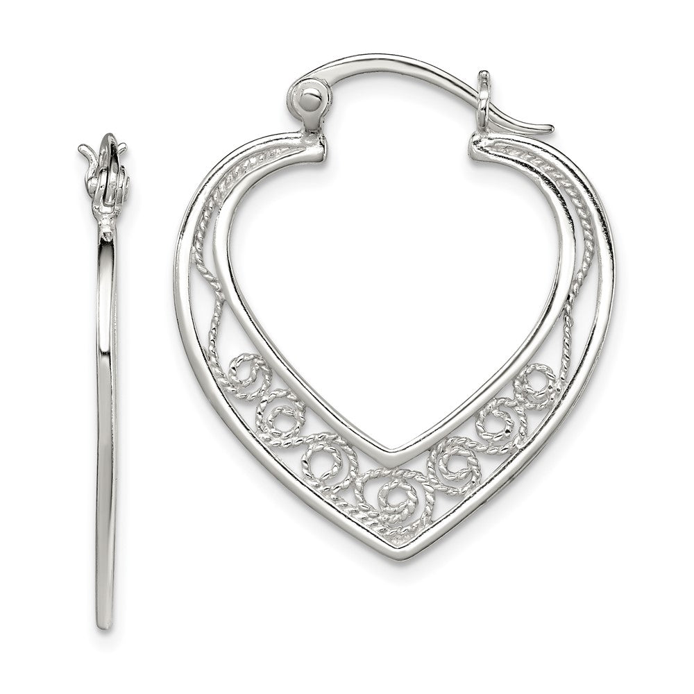 Sterling Silver Polished Filigree Heart Hoop Earrings, 29 x 25 mm