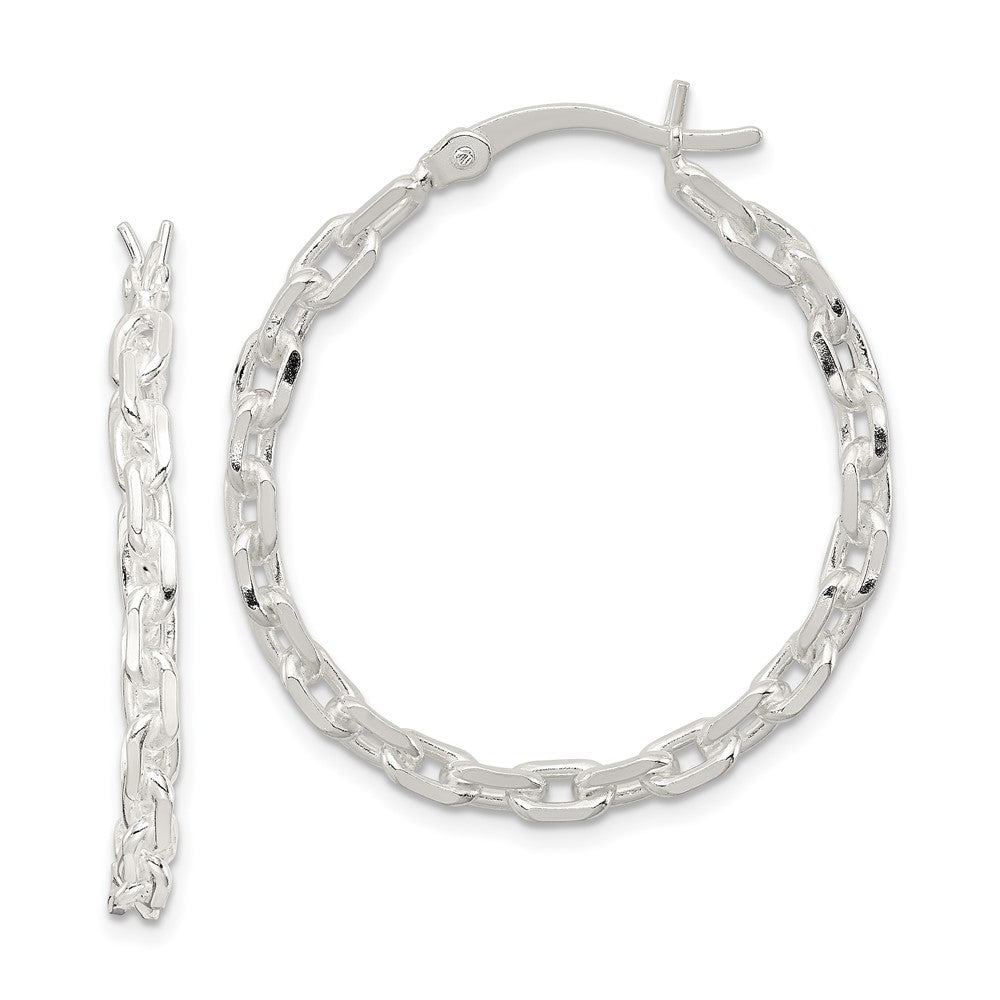 Sterling Silver Polished Cable Chain 3x30mm Hoop Earrings, 32 x 32 mm