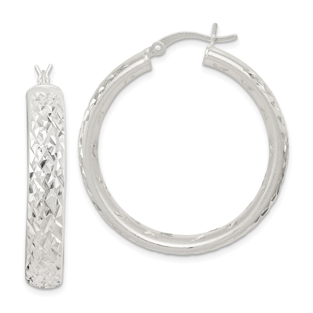 Sterling Silver Satin & Diamond-cut 5mm Round Hoop Earrings, 37 x 34 mm