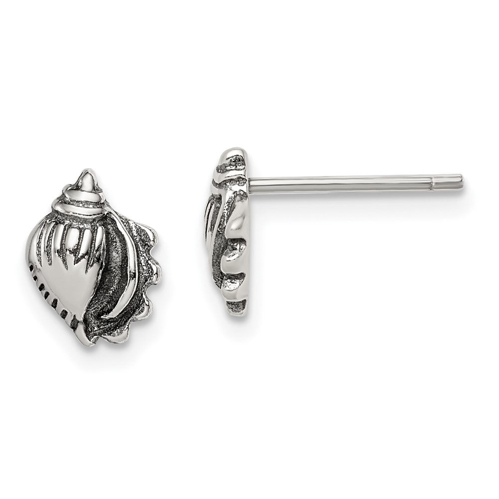 Sterling Silver Polished and Antiqued Sea Shell Post Earrings, 9 x 7 mm