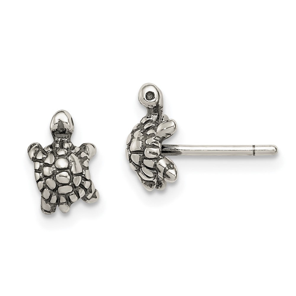 Sterling Silver and Antiqued Turtle Post Earrings, 10 x 7 mm