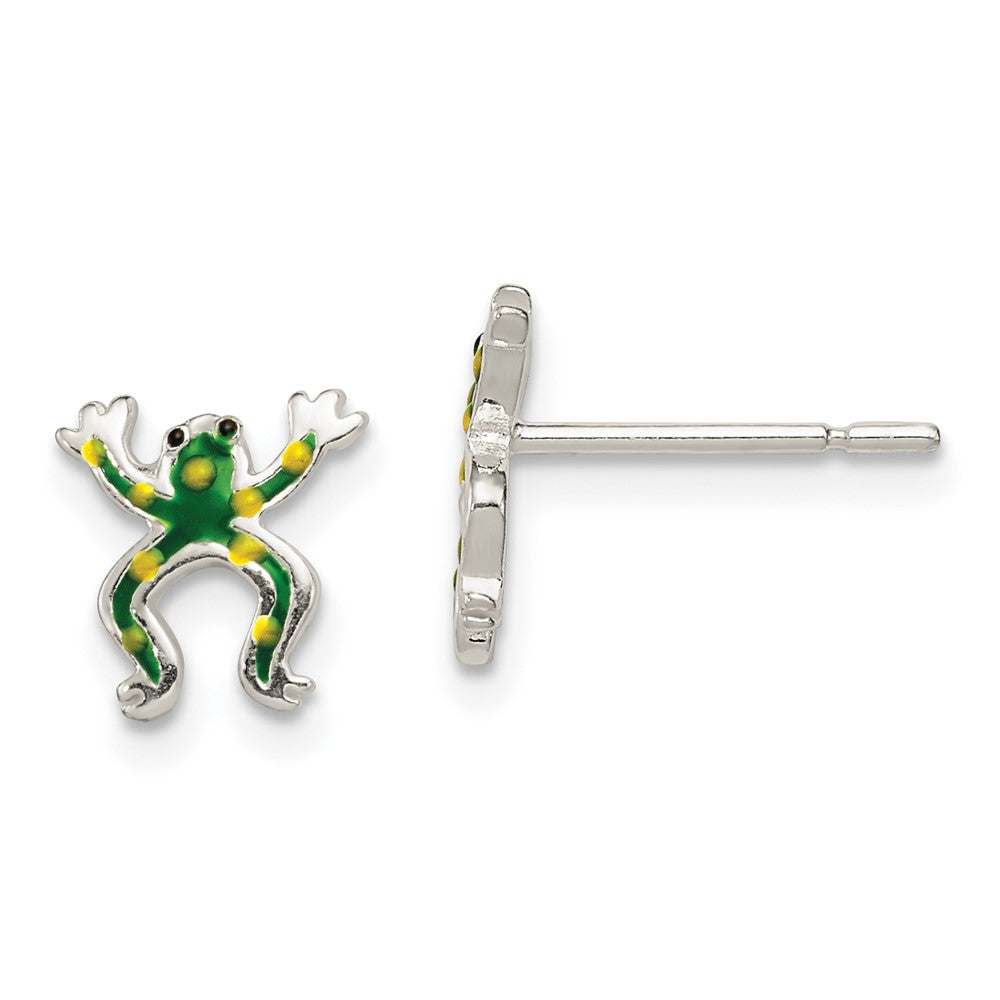 Sterling Silver Polished Enamel Frog Post Earrings, 8 x 9 mm