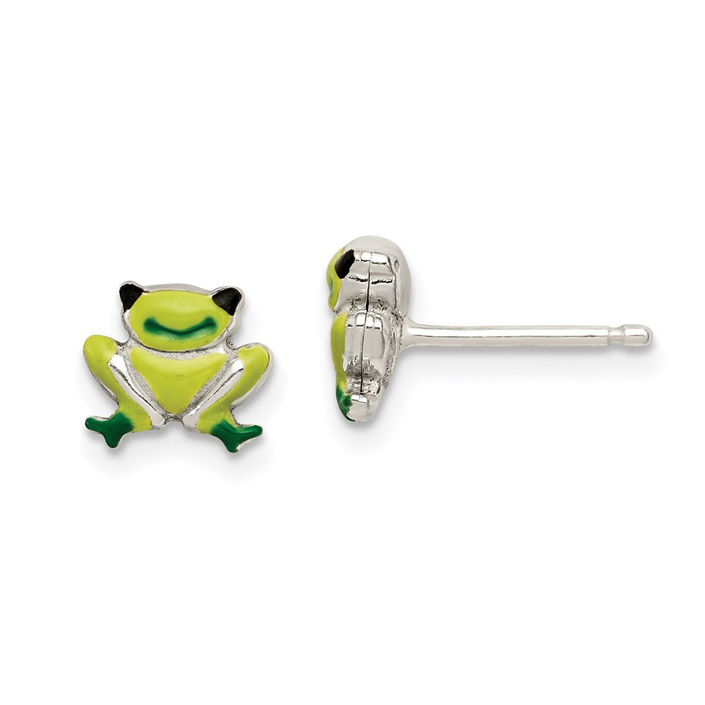 Sterling Silver Polished Enamel Frog Childs Post Earrings, 7 x 9 mm