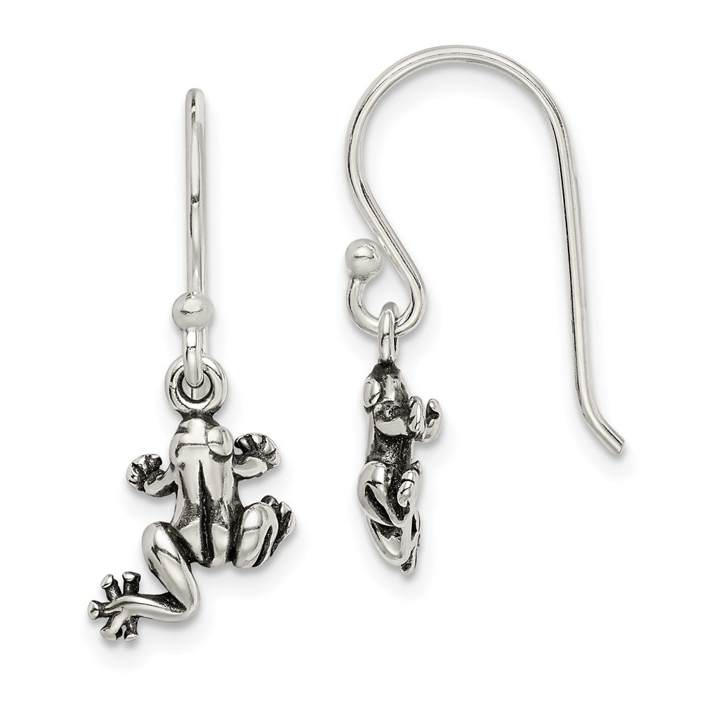 Sterling Silver and Antiqued Frog Shepherd Hook Earrings, 23 x 11 mm